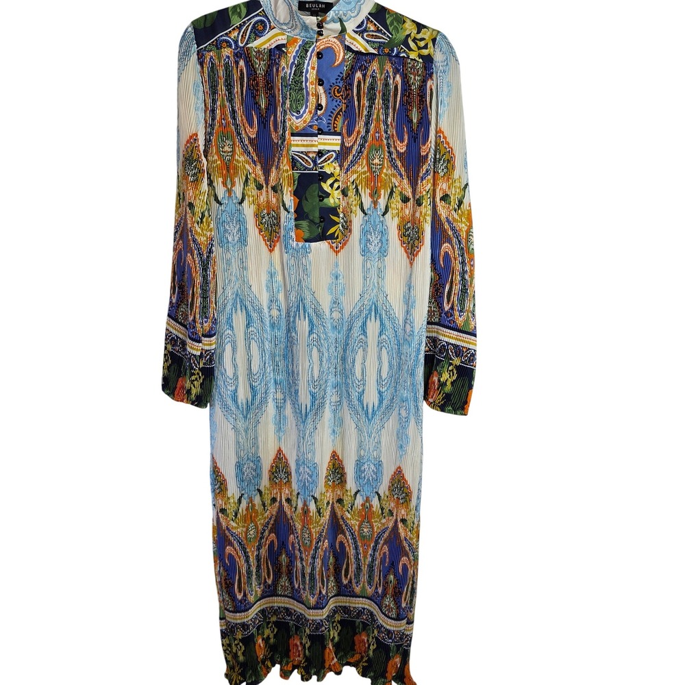 Beulah Style Paisley Floral Pleated Maxi Dress Boho Long Sleeve